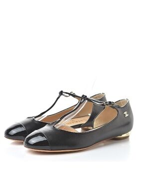 Pre-Owned Authentic 2012 CHANEL Black Leather T-Strap Ballet Flat w/ Gold Accent